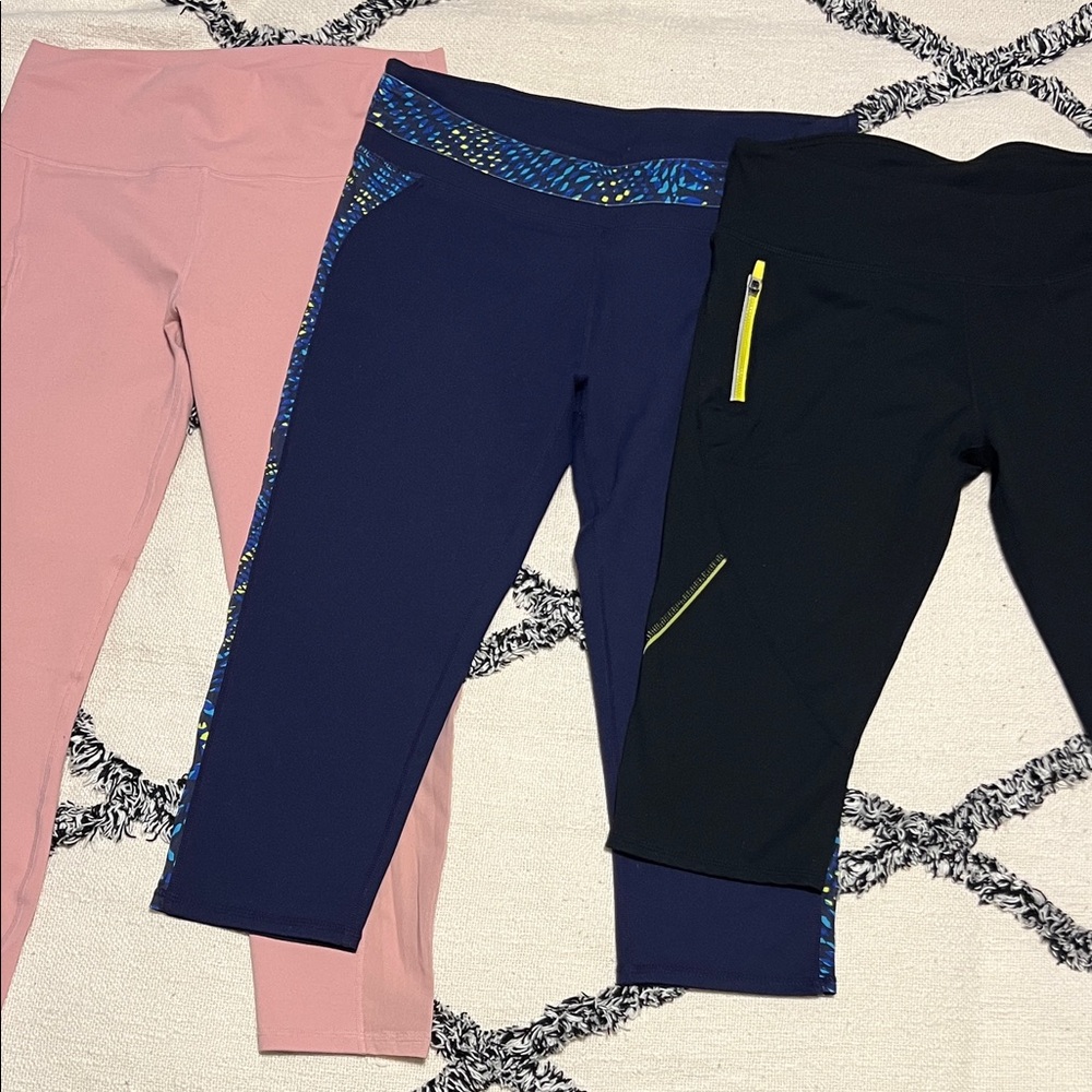 3 pair Fabletics size M leggings pink, blue, black